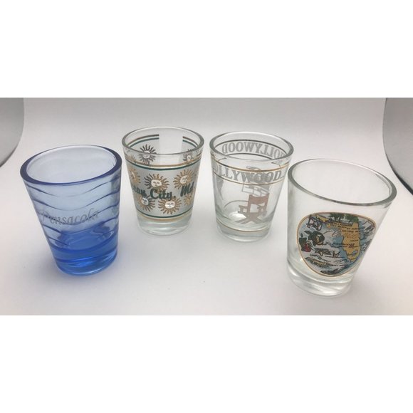 SET OF 4 "PLACES IN THE U.S." SHOT GLASSES Florida, Pensacola, Hollywood & Ocean - Picture 1 of 5